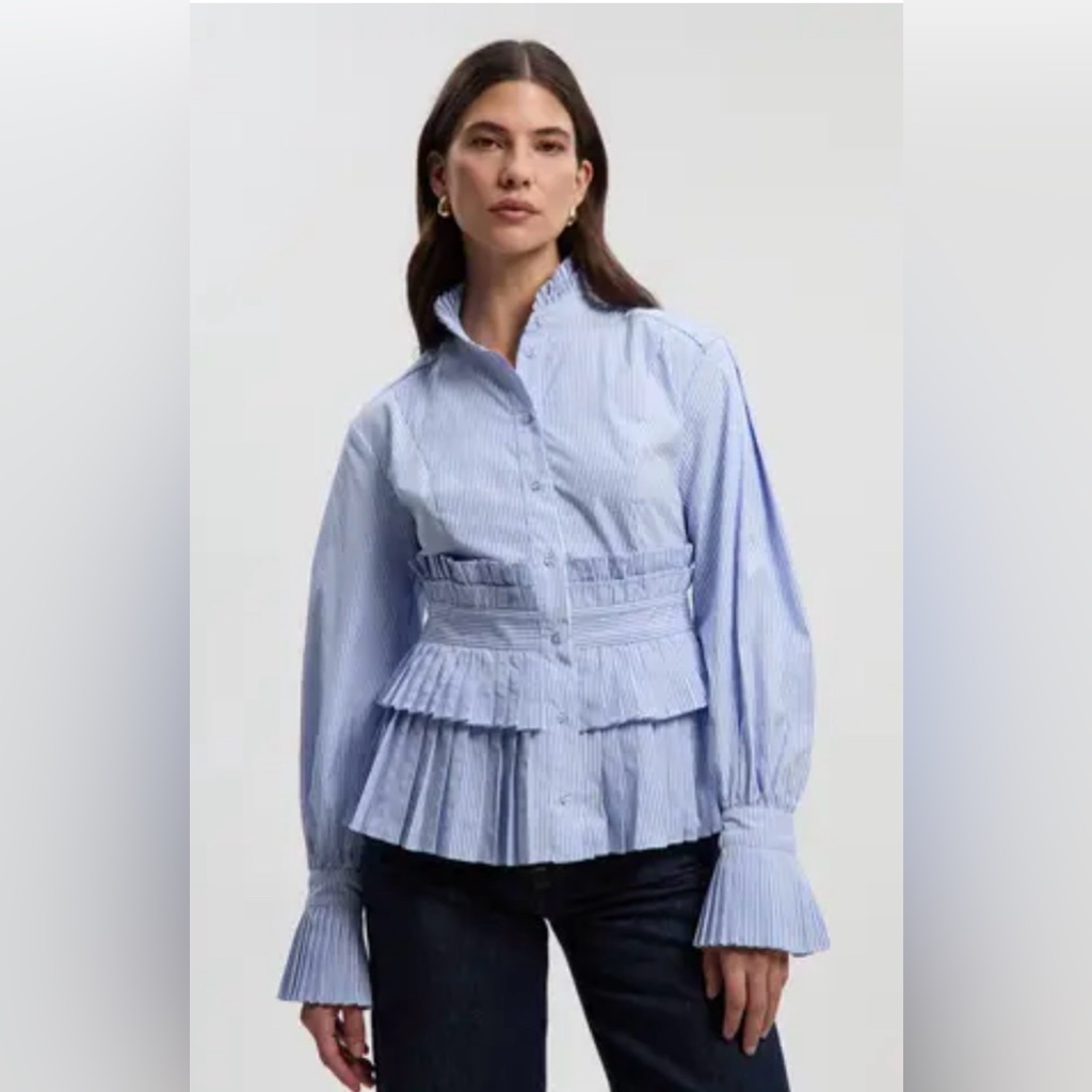 Nwt Karen Millen Blue Striped Pleated Peplum Button-Down Top, Size 6.